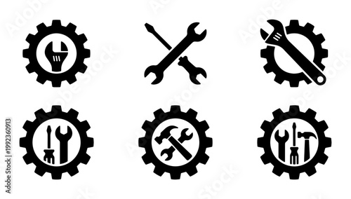 Industrial mechanical tool icons set, black gear and wrench vector symbols, repair service and maintenance equipment signs for construction and engineering