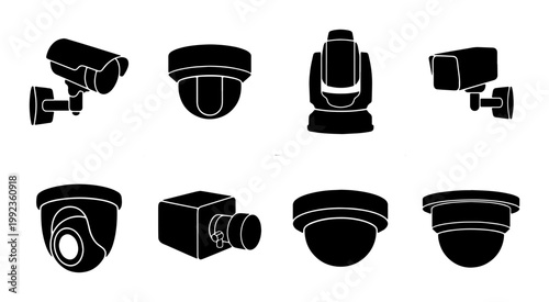 Security camera icon set, black silhouette CCTV surveillance equipment, 8 vector elements for monitoring and protection systems