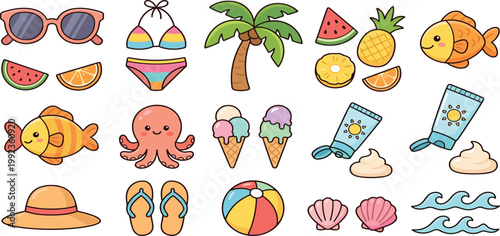 Summer beach vacation sticker set with cute octopus fish palm tree bikini sunglasses sunblock hat ice cream watermelon beach ball seashells and ocean waves vector illustration