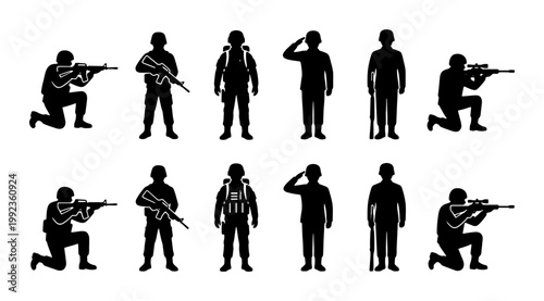 Military soldier silhouettes set, 12 army infantry vector icons, armed special forces personnel in combat poses, black tactical warrior figures