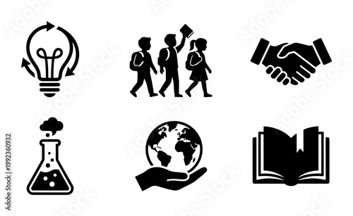 Education and learning icon set, 6 black vector symbols for school and science, academic study and global knowledge graphics