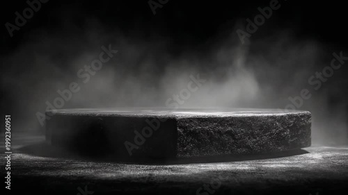 Dark stone podium stage with dramatic smoke and spotlight background