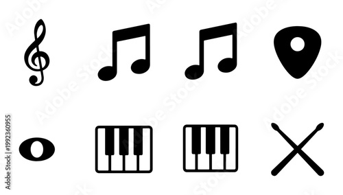 Minimalist music icon set, black musical notes and instrument symbols vector, 8 professional audio elements for graphic design and web UI