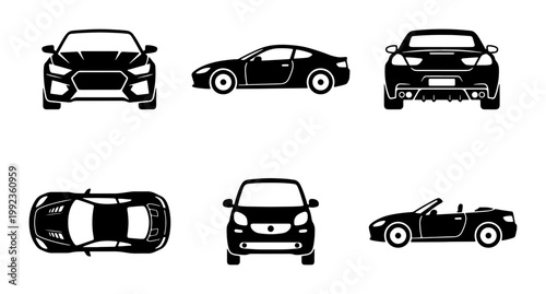 Modern sports car vector icons set, black automotive silhouettes from front side rear and top view, 6 vehicle flat symbols for transport design