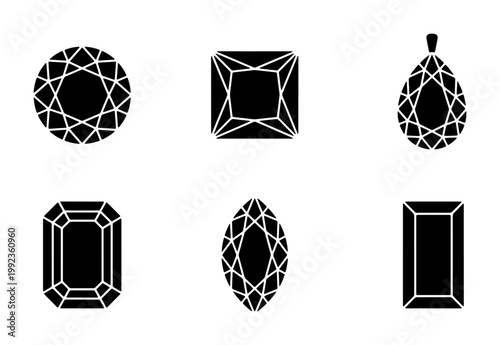 Diamond cut shapes vector set, black gemstone silhouettes with geometric facets, jewelry design elements for luxury branding and retail