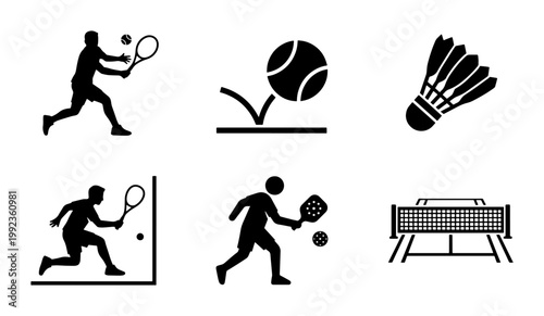 Racket sports icon set with tennis, badminton, squash and paddle players, black silhouette athletic symbols, 6 vector elements for tournament design