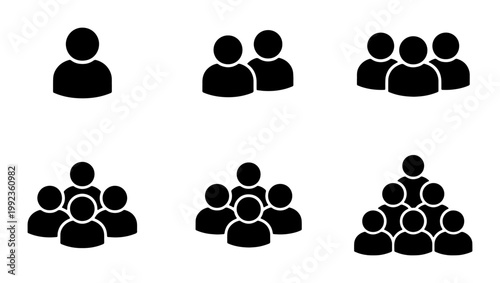 Minimalist people icon set, black user profile silhouettes, group and team avatar collection, corporate community and leadership symbols for web design