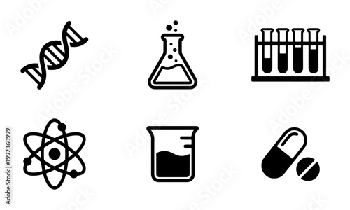 Science and laboratory icon set, 6 black vector symbols for chemistry and biology research, medical pharmacy and biotechnology icons