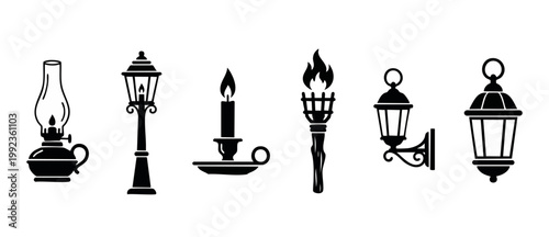 Vintage Light Source Icons Set: Oil Lamp, Street Lantern, Candle, Torch, Wall Sconce. Retro Lighting Collection for Historical Design, Classic Interior Decor, and Antique Vector Graphics Silhouette.
