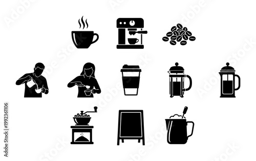 Minimalist coffee shop icon set, black silhouette barista and cafe equipment vectors, professional espresso machine and brewing tools collection