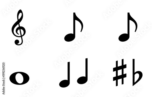 Musical notes vector set, black music symbols collection including treble clef and eighth notes, classic notation icons for song composition