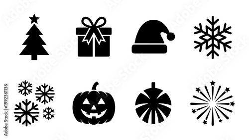 Holiday celebration icons set, black Christmas and Halloween vector symbols, 8 winter and festive season silhouette elements for graphic design