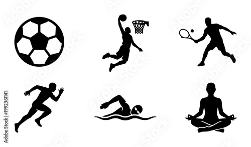 Minimalist sports icons set, black athlete silhouettes collection, vector symbols for soccer basketball tennis running swimming and yoga