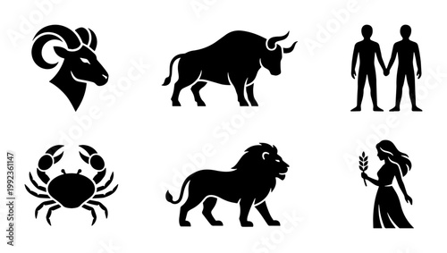 Zodiac signs black silhouette icons set, astrology horoscope symbols collection, minimalist celestial vector illustrations for mystical branding
