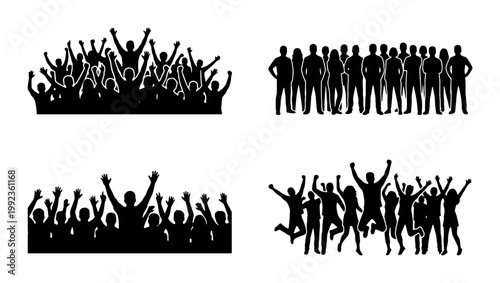 Crowd silhouette vector set, cheering people and audience silhouettes, black human figures in group collection, concert and sports fans