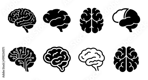 Human brain icon set with 8 vector elements, anatomical mind symbols for neurology and psychology, black silhouette brain graphics for medical design