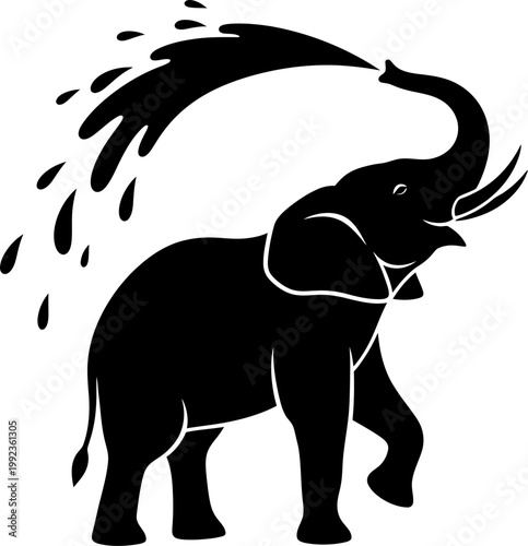 Elegant black silhouette of an elephant spraying water from its trunk isolated on white background for logo