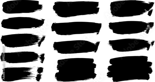 Set of black horizontal paint brush strokes isolated on white background for professional graphic design work