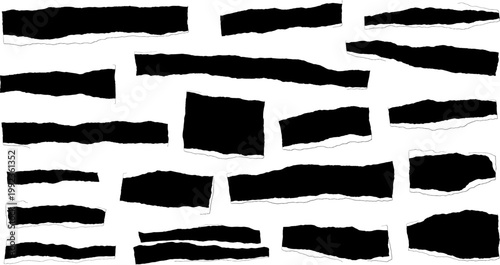 Assorted torn paper strips with black textured edges isolated on white background for creative design layouts