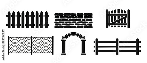 Fence and Wall Icon Set, Boundary Barriers and Garden Gate Silhouettes, Collection of Various Fencing Styles for Architecture, Landscape Design, Construction, and Property Security Vector Illustration