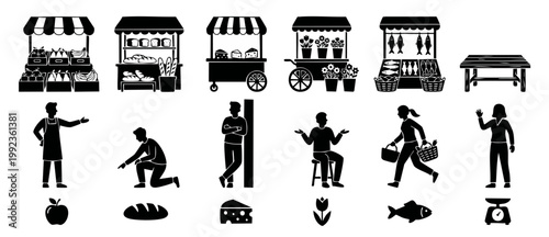 Market Stall Icons Set with Food Vendors and Shopping People, Black Silhouettes for Grocery and Retail Design, Street Market Shop Collection with Fresh Produce, Baked Goods, Flowers, and Fish Displays