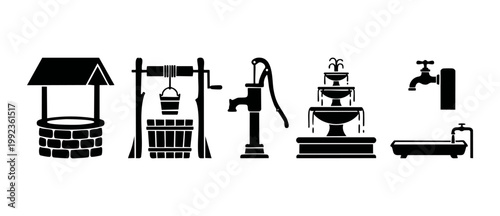 Water Source Icons Set: Well, Pump, Fountain and Tap for Infrastructure Design. Collection of flat black vector symbols representing water supply, hydration, plumbing systems and historical irrigation