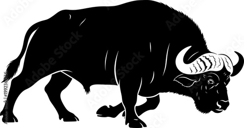 Profile view of charging African buffalo silhouette isolated on white background for wildlife graphic design projects
