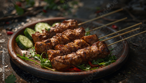 Grilled meat skewers with sliced cucumbers on plate with main course with street food with party food with outdoor cooking with food photography with cooked meat