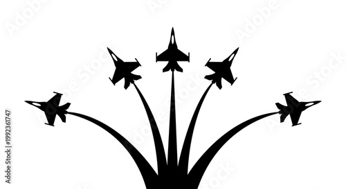 Military Aircraft Squadron Performing Aerobatic Display at Air Show Silhouette of Five Fighter Jets Flying with Smoke Trails