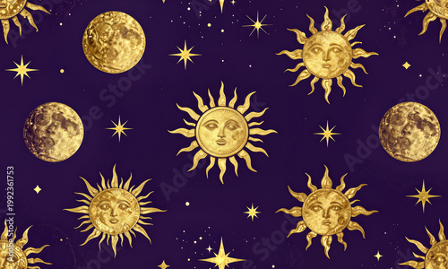 Mystical celestial seamless pattern with golden moon phases and stars on midnight purple