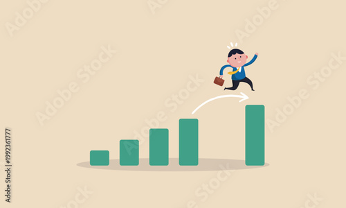 Cartoon businessman jumping over increasing bar graph symbolizing career growth