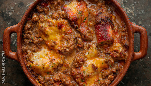 Hearty casserole with meat and potatoes in a rustic dish with comfort food with oven baked with food photography with cooked food with serving dish with ground meat with family meal