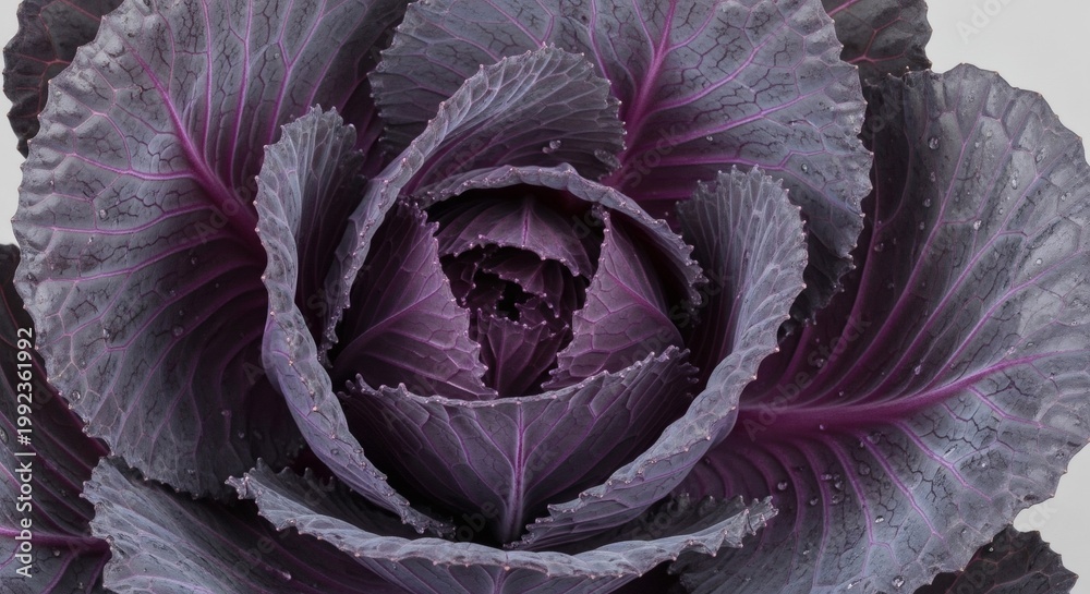 Fototapeta premium A vibrant purple cabbage with delicate leaves and a subtle sheen on a light gray background