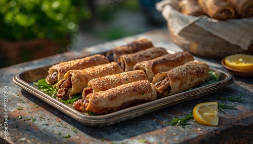 Golden baked savory rolled pastries with green garnish and lemon wedges on a metal tray with baked rolls with finger food with golden brown with middle eastern with party food with dinner party