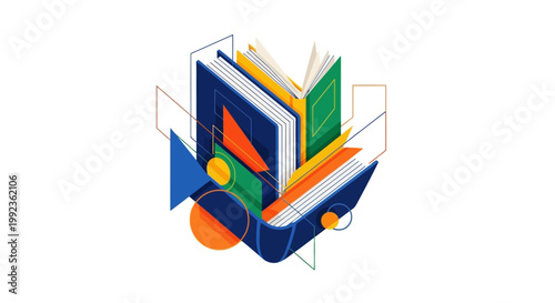 Geometric book illustration presenting colorful, layered shapes in a stylized vector design, set against a clean white background, creating a modern and conceptual visual for publishing