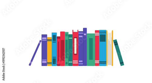 Flat lay illustration of colorful books standing in a row, designed as a vector graphic with a clean, minimalist style, ideal for celebrating a book-related event against a simple white
