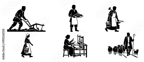 Traditional Rural Trades Silhouettes Set: Farming, Blacksmithing, Weaving and Herding - Vintage Historical Cultural Occupations Graphic Collection for Design Projects, Icons and Folk Life Illustration