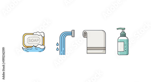 Bathroom essentials, toiletries, soap, towel, faucet, hand sanitizer, vector icons