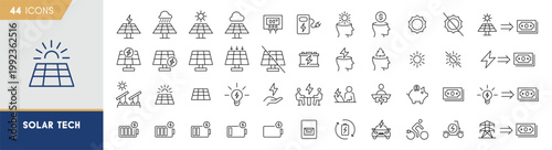 Solar Tech Icon Set - Photovoltaic Energy Systems and Sustainable Power Generation Symbols