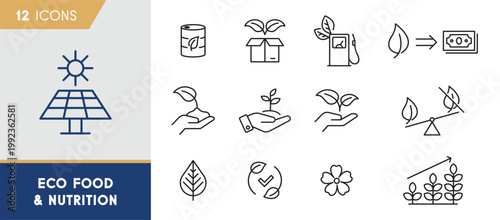 Eco Food and Sustainable Agriculture Icon Set: Organic Nutrition and Green Growth