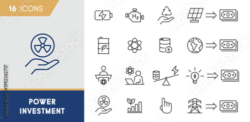 Power investment icon set featuring nuclear energy, hydrogen fuel technology, solar power and financial growth symbols