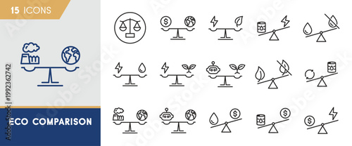 Eco comparison icon set featuring balance scales with industrial, financial and environmental sustainability symbols