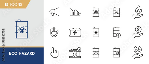 Eco hazard and industrial waste icon set featuring biohazard barrels, chemical storage, fire safety and environmental risk symbols