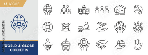 World and Globe Concepts Icon Set - Global Sustainability and Eco-Friendly Society Symbols
