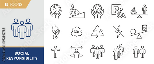 Social responsibility icon set featuring disability inclusion, environmental care, carbon footprint and community support symbols