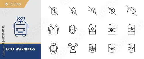 Eco warnings and environmental protection icon set featuring industrial waste, sustainable transport and zero waste concepts