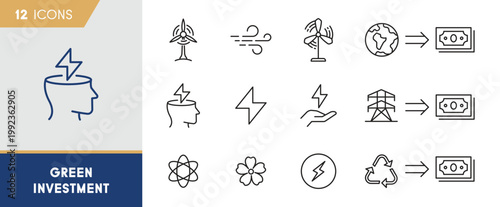 Green Investment and Renewable Energy Icon Set - Sustainable Finance and Wind Power Symbols