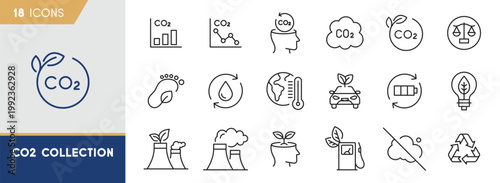 CO2 Emissions and Carbon Footprint Icon Set - Climate Change and Pollution Control Symbols