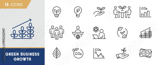 Green Business Growth Icon Set - Sustainable Management and Eco-Friendly Development Symbols