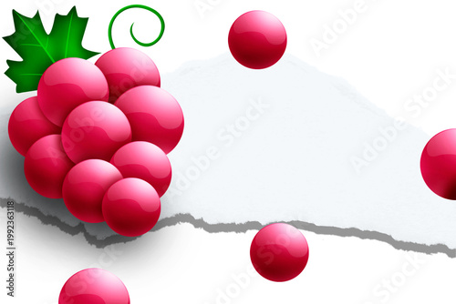 Glossy 3D illustration of red grapes on a white torn paper background with copy space